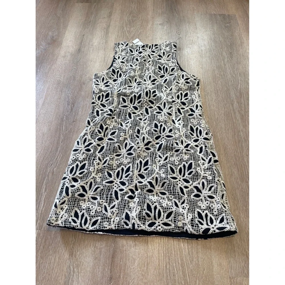LOFT Women Black Cream Crochet Overlay Sleeveless Shift Dress Size 12 NWT